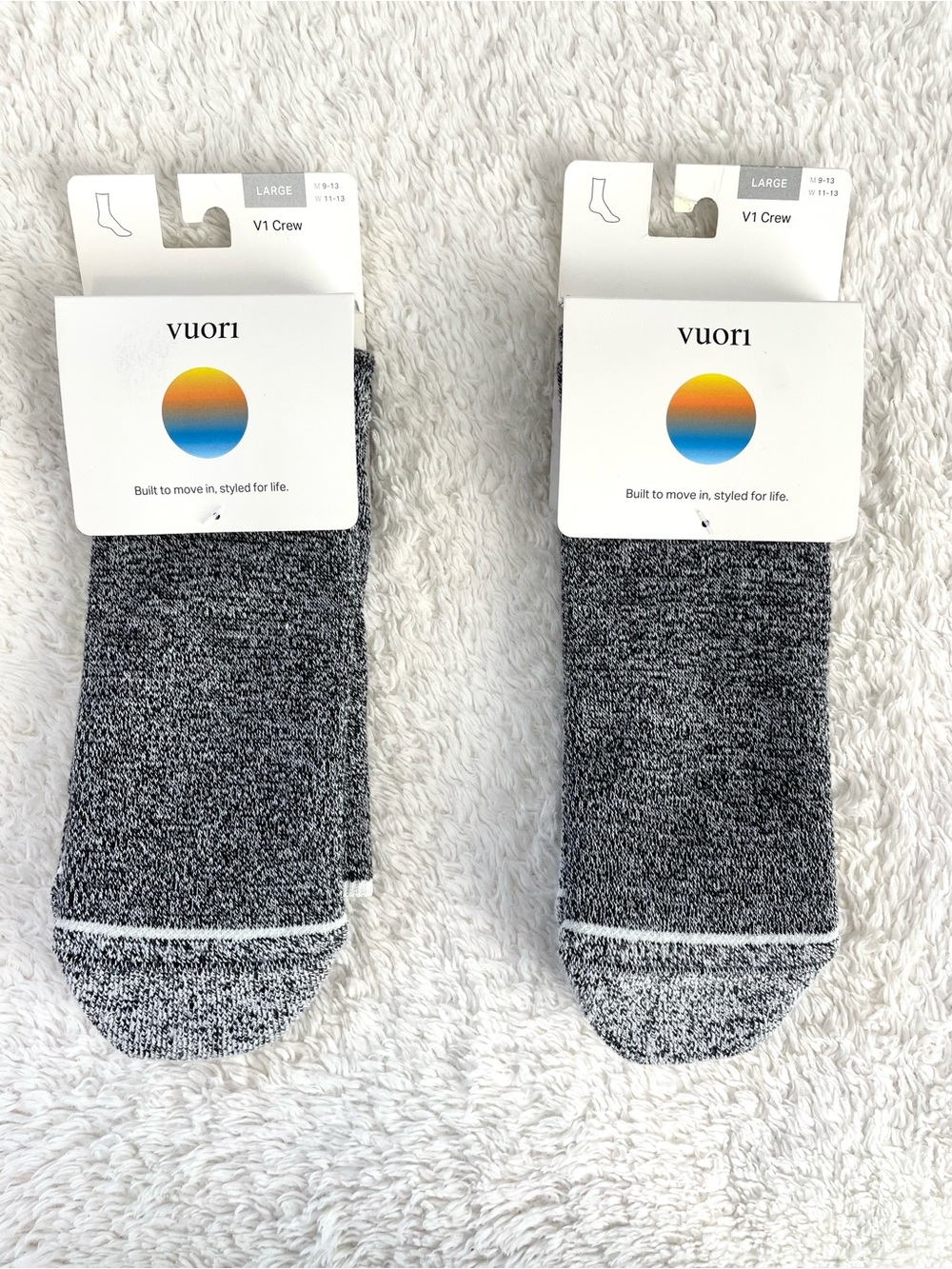 2 Pairs Vuori V1 Crew Socks Heather Gray - Unisex Size L